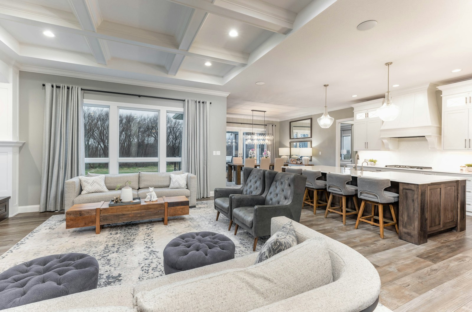 An open living room with a kitchen island